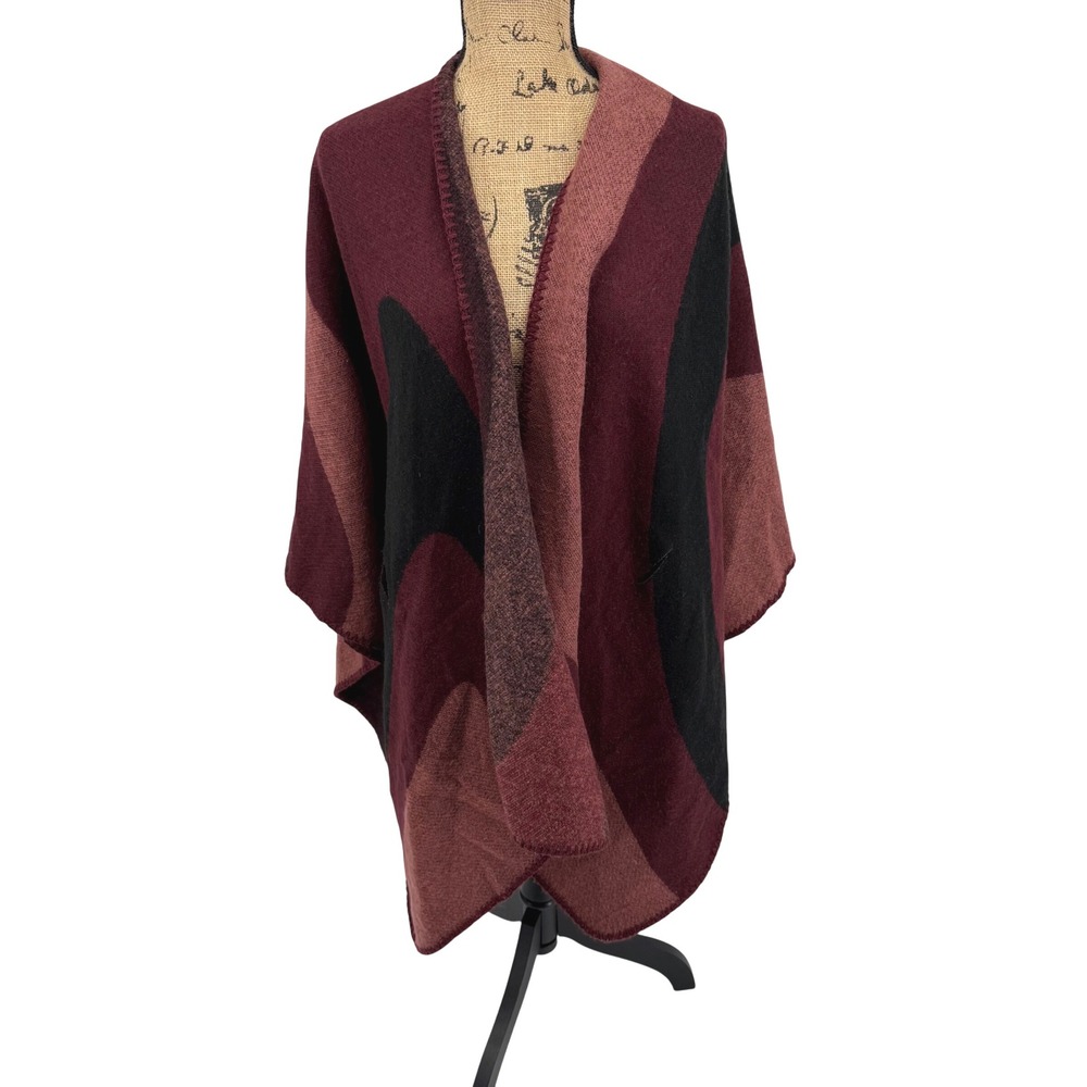 World Market Cape Blanket Shawl Shrug Wrap Burgundy Black O/S Oversized NO BELT